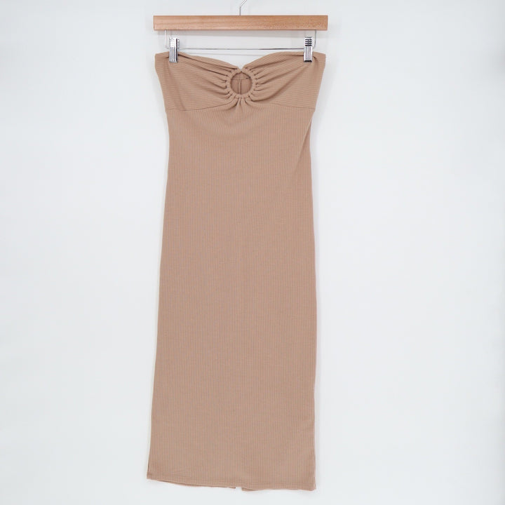 Zara Tan Ribbed Knit O-Ring Strapless Midi Bodycon Tube Dress