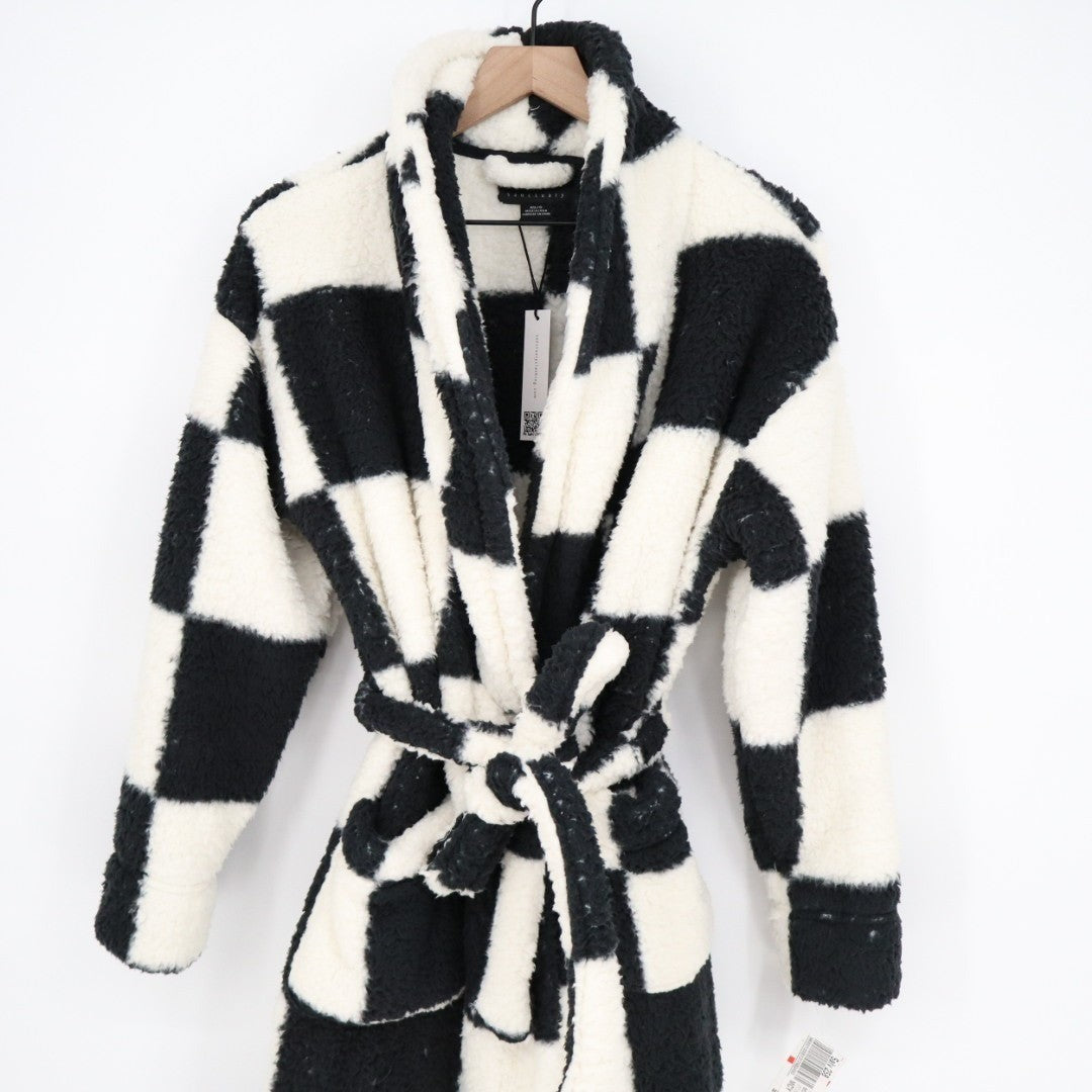 Sanctuary Wrap Bathrobe Womens XS/S Black White Check Sherpa Fleece Tie Waist