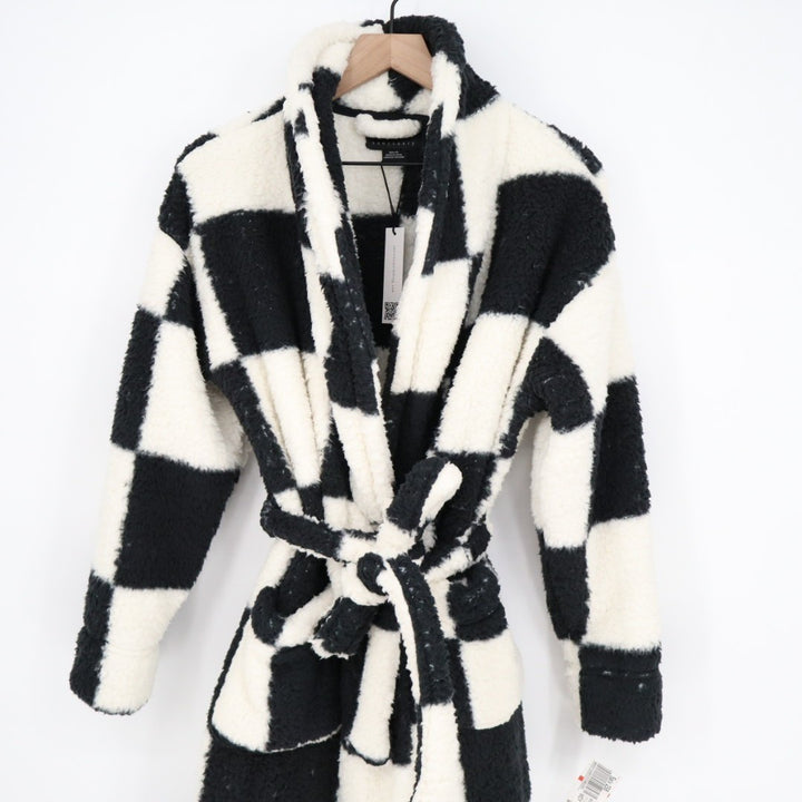 Sanctuary Wrap Bathrobe Womens XS/S Black White Check Sherpa Fleece Tie Waist