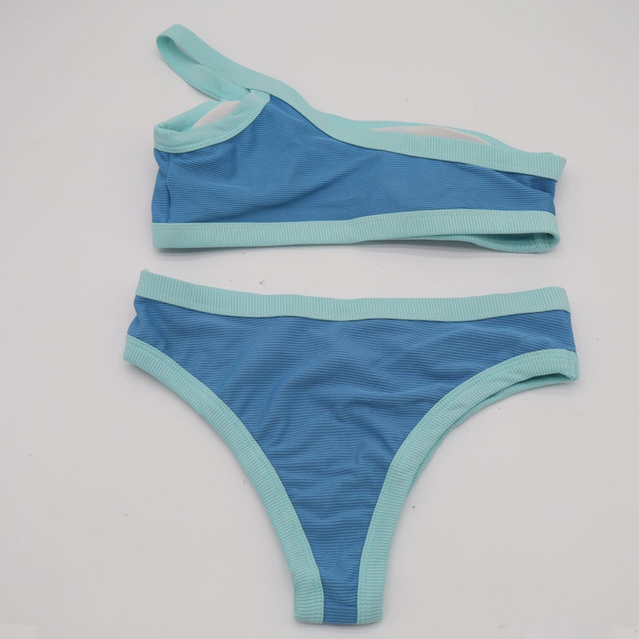 2 Piece Swimwear Bikini Set Womens Small Blue Aqua Contrast Trim Stretch Ribbed
