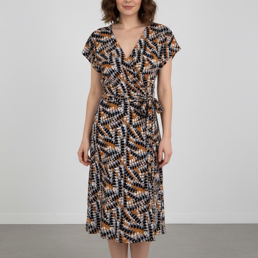 Nine West Medium Wrap Dress Brown Black Blue Abstract Print Casual