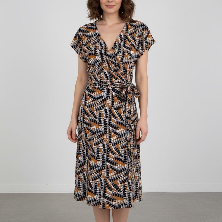 Nine West Medium Wrap Dress Brown Black Blue Abstract Print Casual