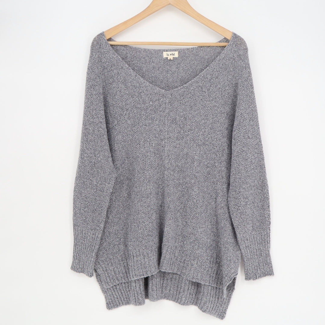 La Miel Sweater Womens Medium Gray Knit Ribbed High Low Hem Long Sleeve Pullover