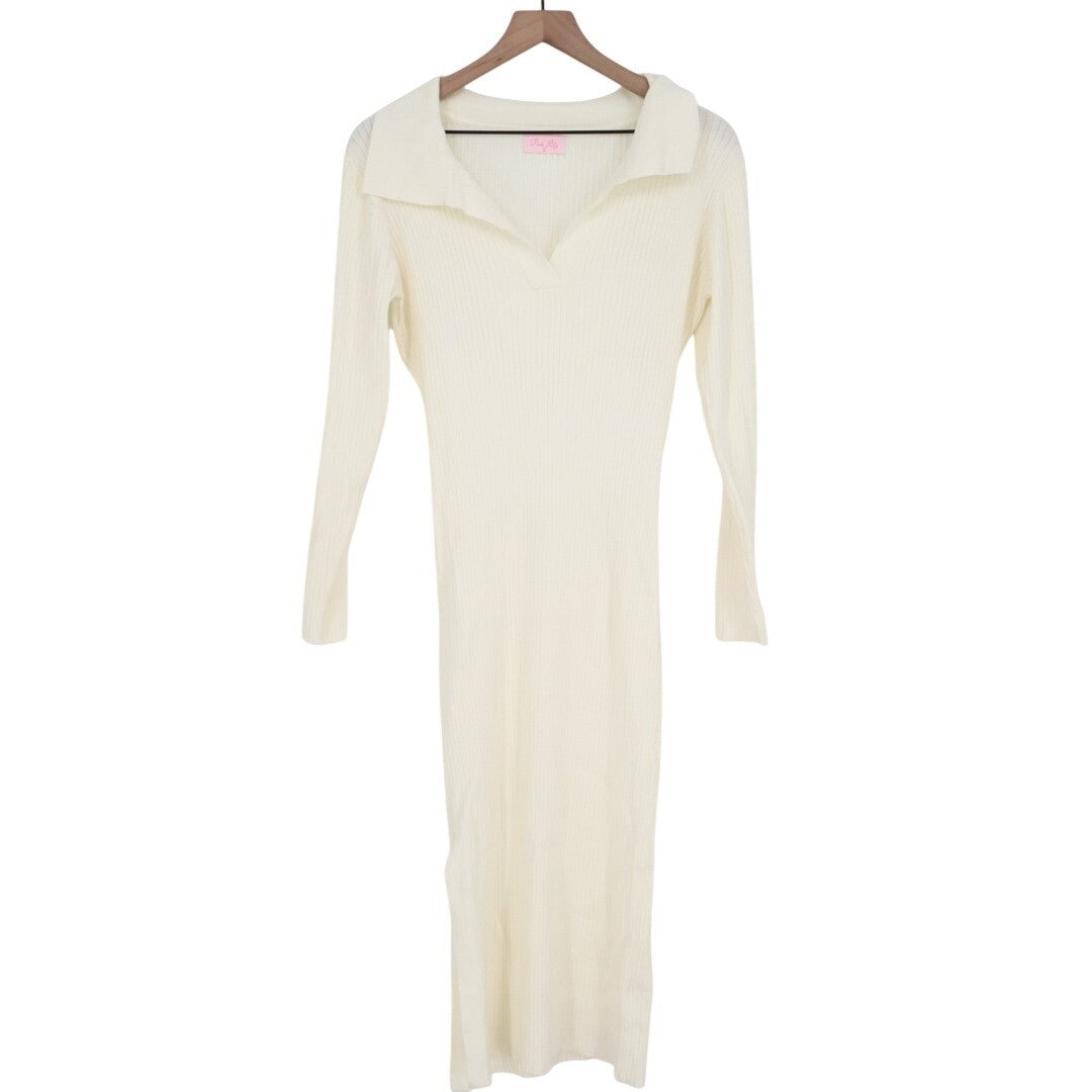 Pink Lily Midi Dress Womens Medium Ivory Ribbed Knit Long Sleeve Spread Collar