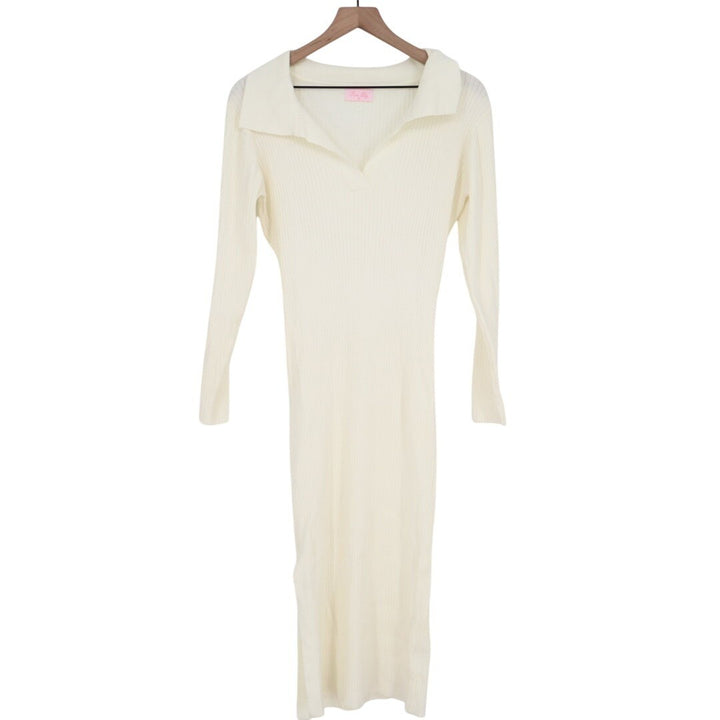 Pink Lily Midi Dress Womens Medium Ivory Ribbed Knit Long Sleeve Spread Collar