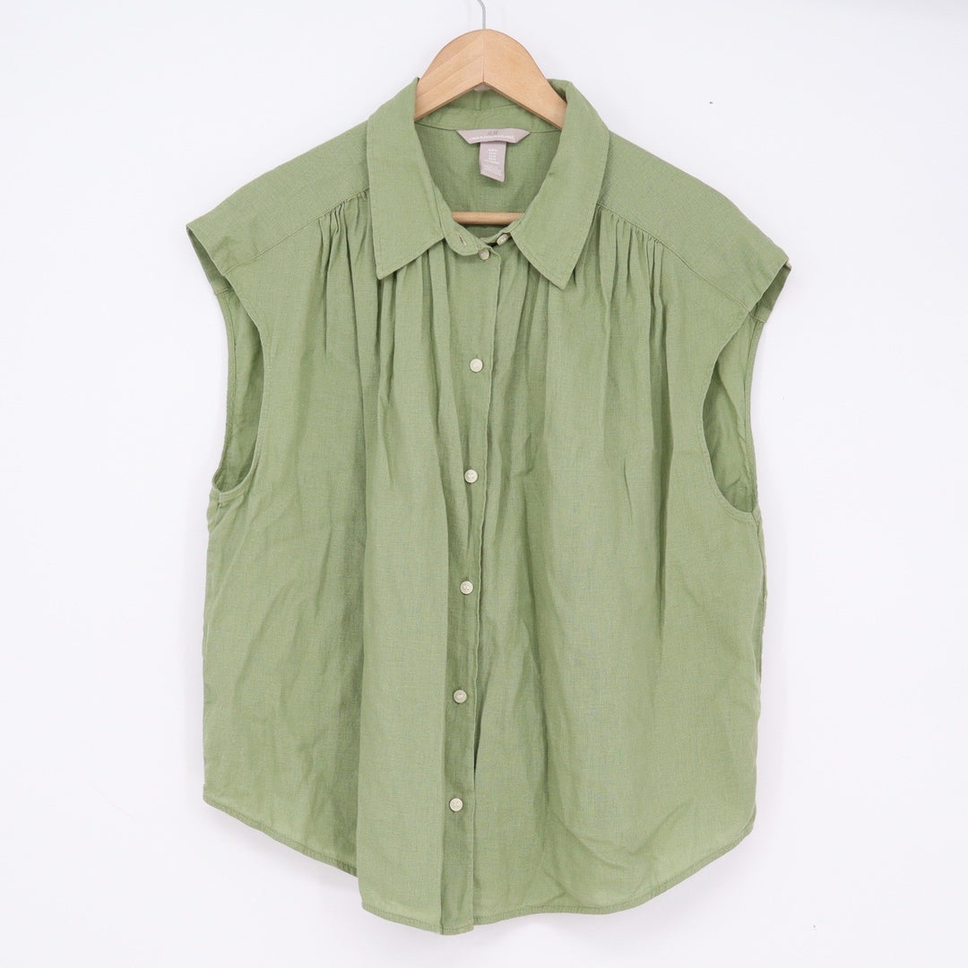 H&M Womens Linen Blend Sleeveless Button Down Blouse Sage Green Medium