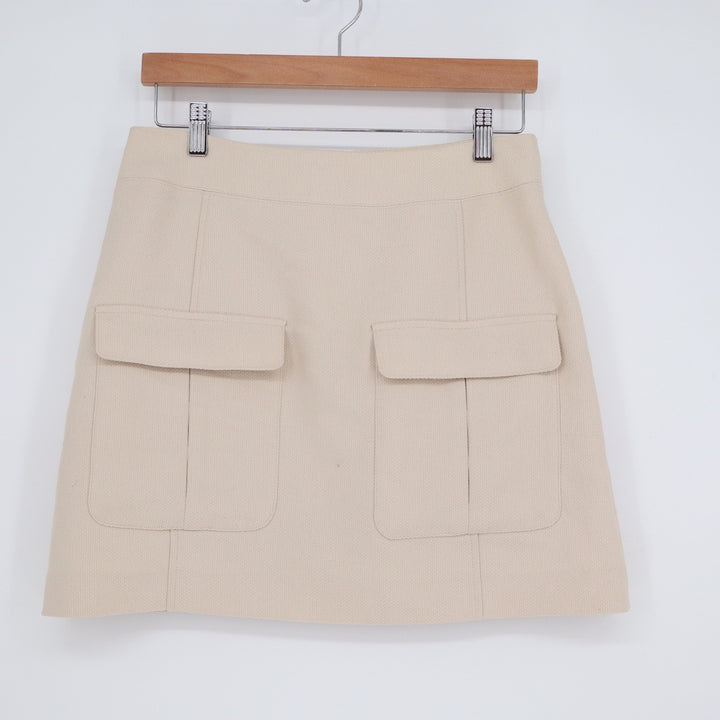 H&M Beige Textured Mini Skirt Size 10 Front Flap Pockets A-Line Gold Zip