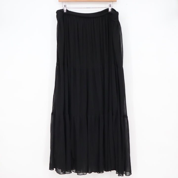 AB Studio Womens Black Tiered Mesh Maxi Skirt Fold Over Waist Size L
