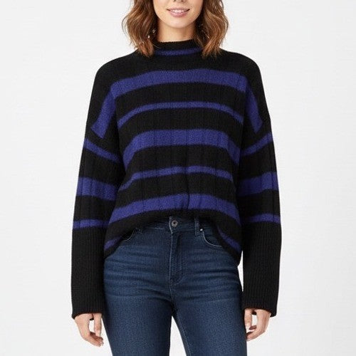 Madewell Sweater Womens XS Black Blue Knit Striped Mock Neck Ribbed Long Sleeve