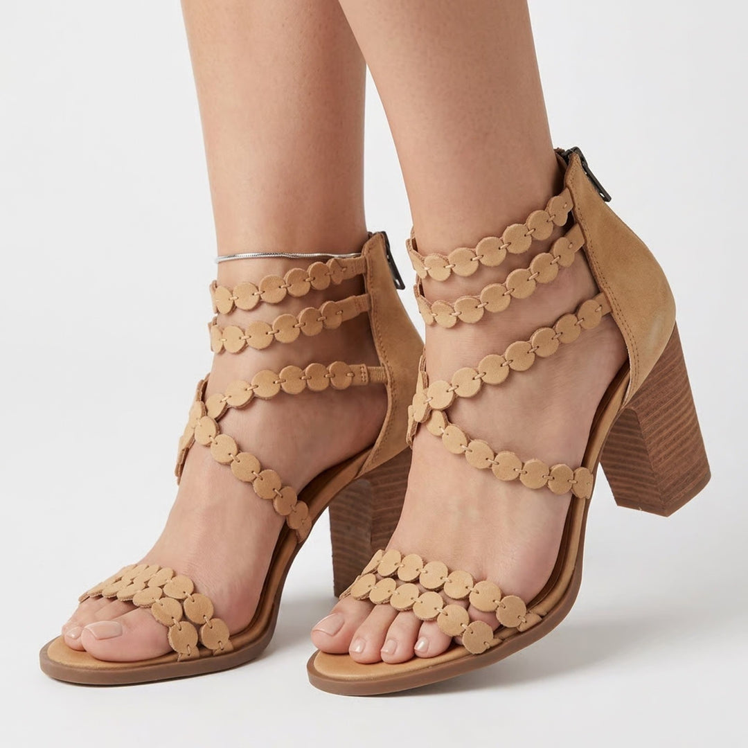 Lucky Brand Tan Leather Scalloped Gladiator Block Heel Sandals Womens 8.5