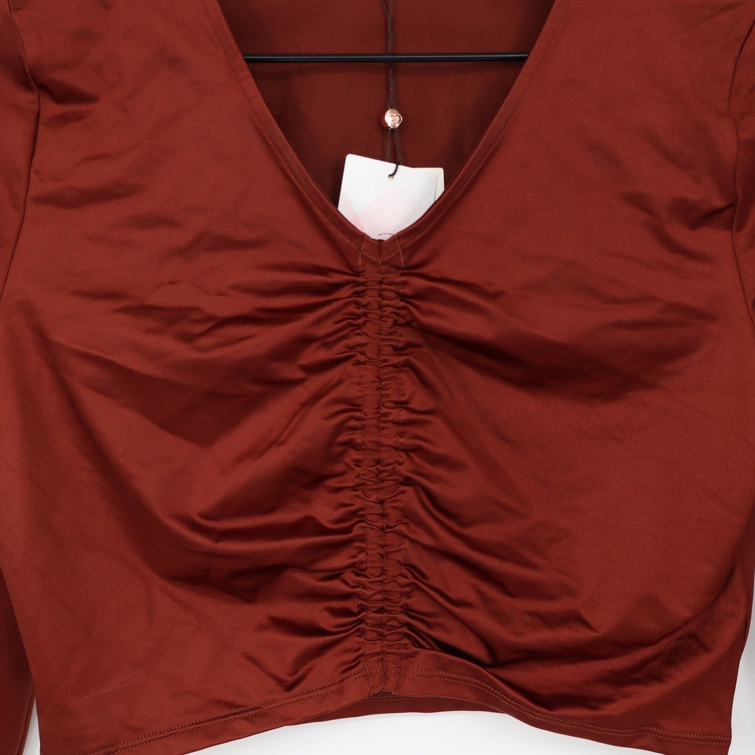 CALIA Womens Ruched Long Sleeve Rashguard Red Brown Shine UPF 50+ S