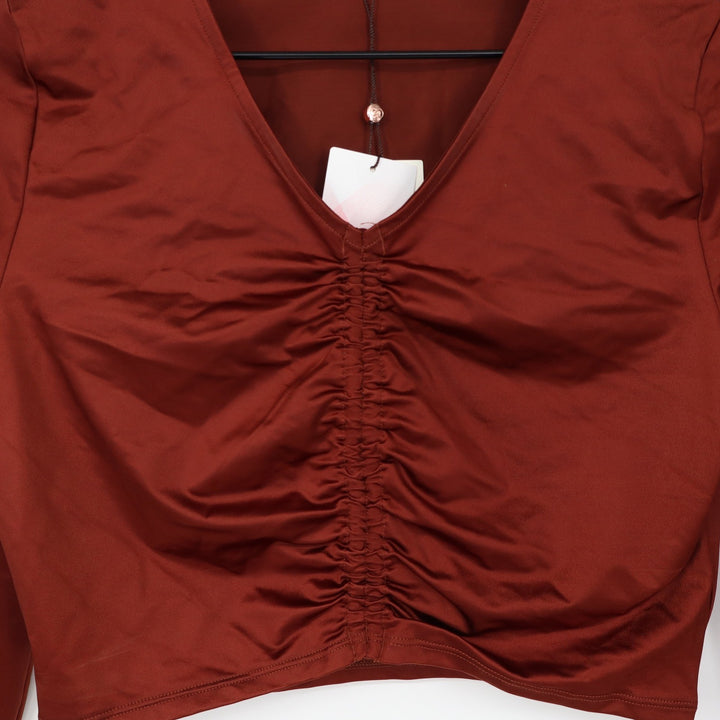 CALIA Womens Ruched Long Sleeve Rashguard Red Brown Shine UPF 50+ S