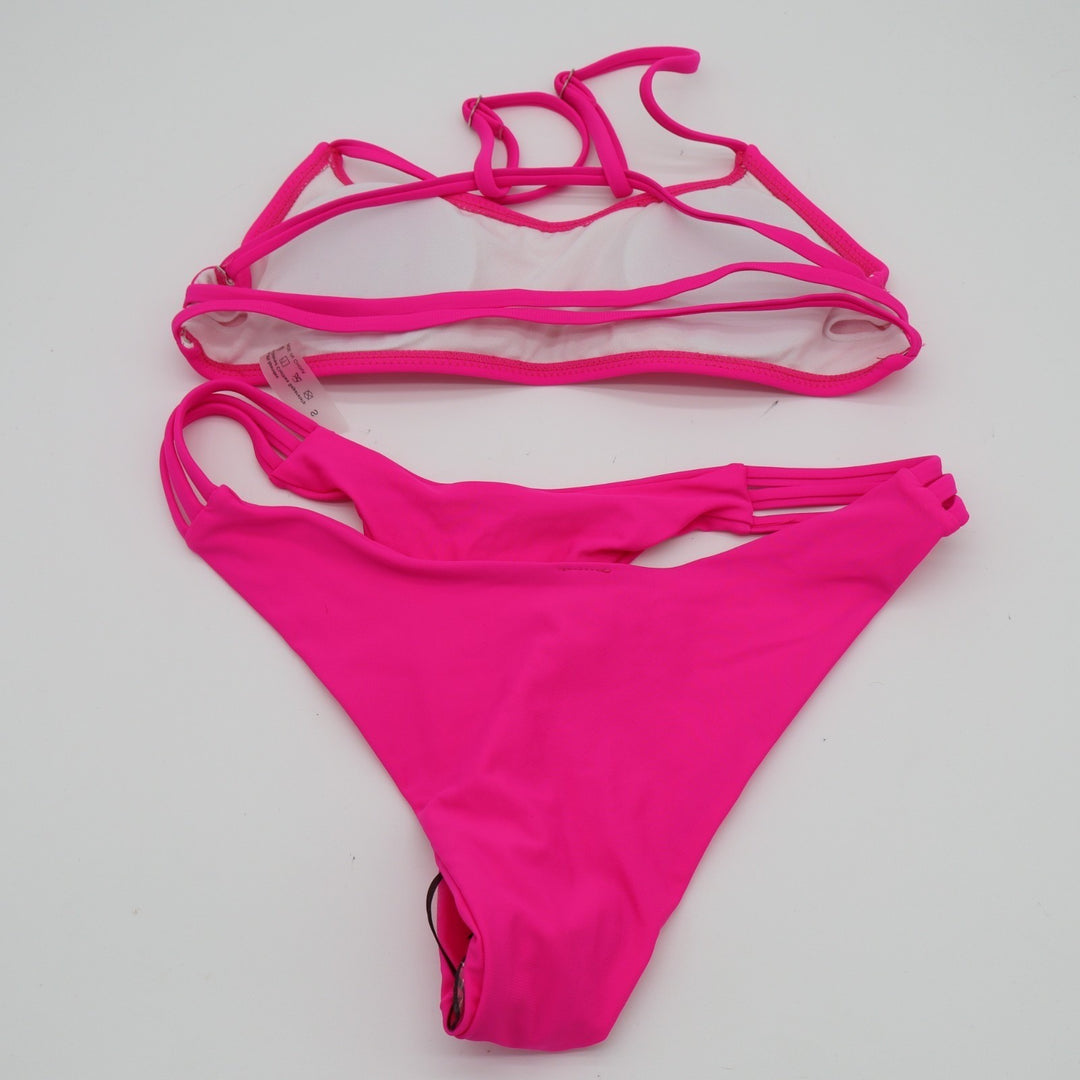 2 Piece Bikini Set Womens Small Hot Pink Stretch Spaghetti Straps Swimwear