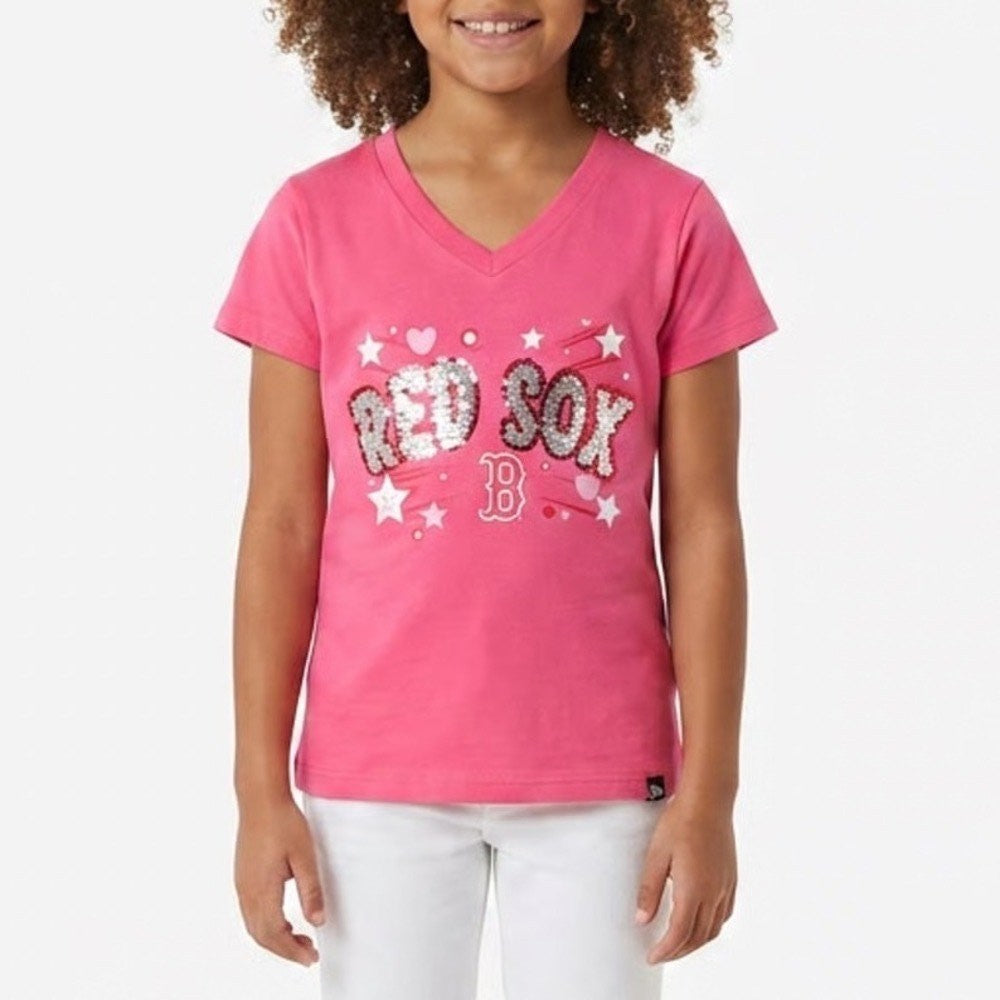 New Era Boston Red Sox Girls Pink Sequin V-Neck Graphic T-Shirt Size 6/6X MLB