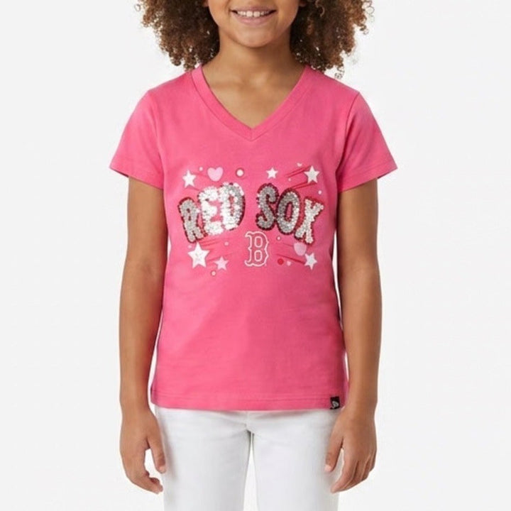 New Era Boston Red Sox Girls Pink Sequin V-Neck Graphic T-Shirt Size 6/6X MLB