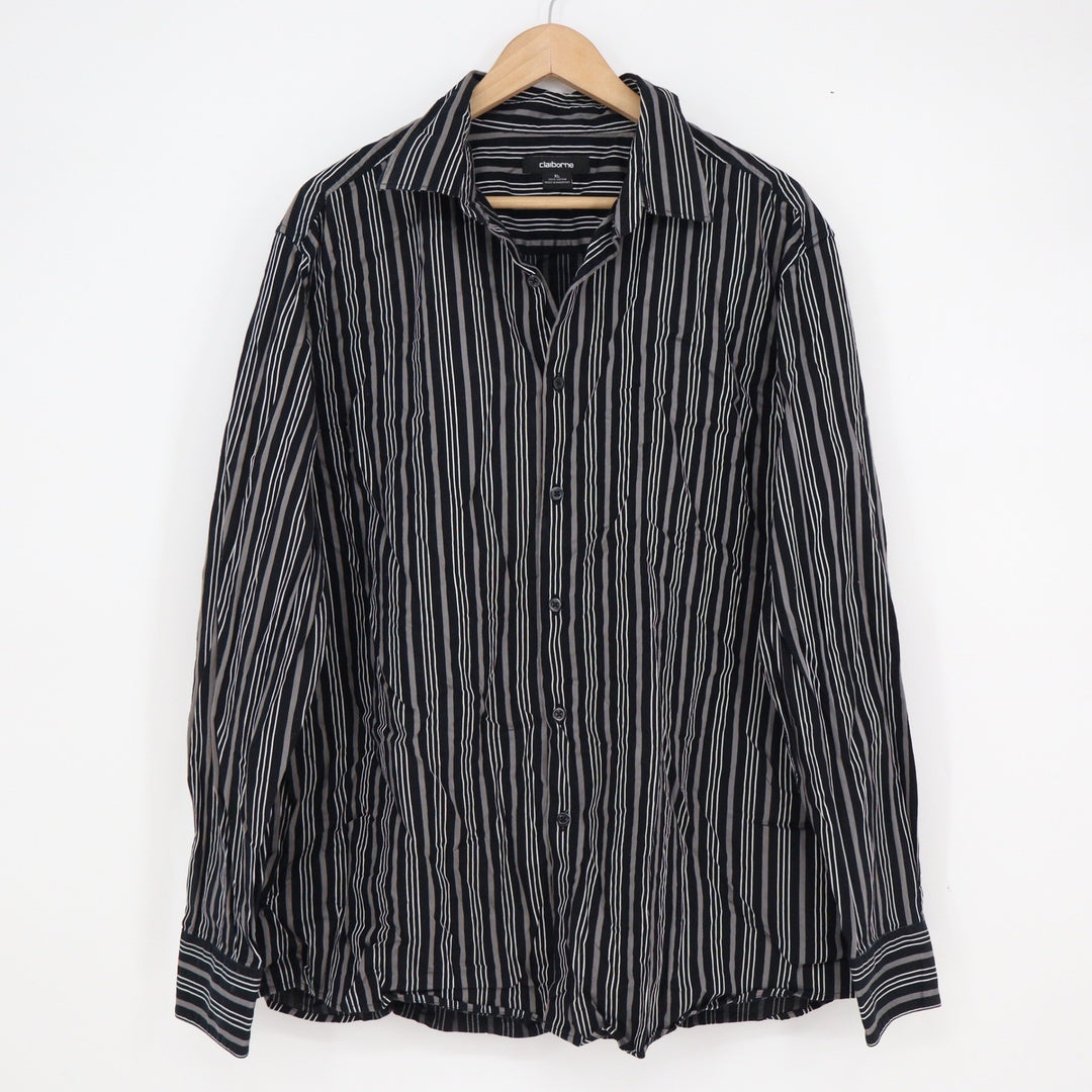 Claiborne Mens XL Long Sleeve Button Down Shirt Black Grey White Striped Cotton