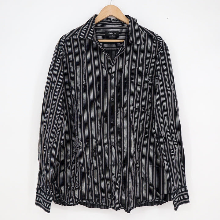 Claiborne Mens XL Long Sleeve Button Down Shirt Black Grey White Striped Cotton