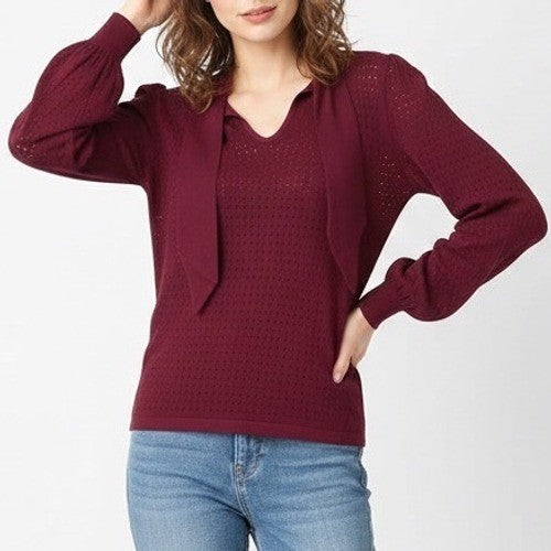 Keepsake Shirt Womens S Burgundy Laser Cut Perforated Tie Neck Puff Long Sleeves