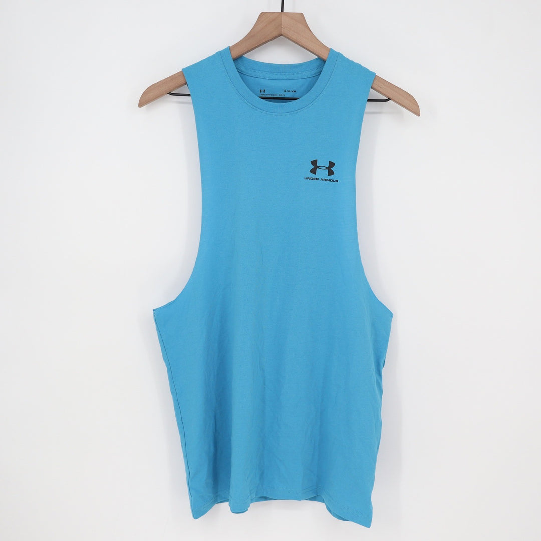 Under Armour Mens Left Chest Cut Off Tank Blue Loose Fit Muscle Shirt S