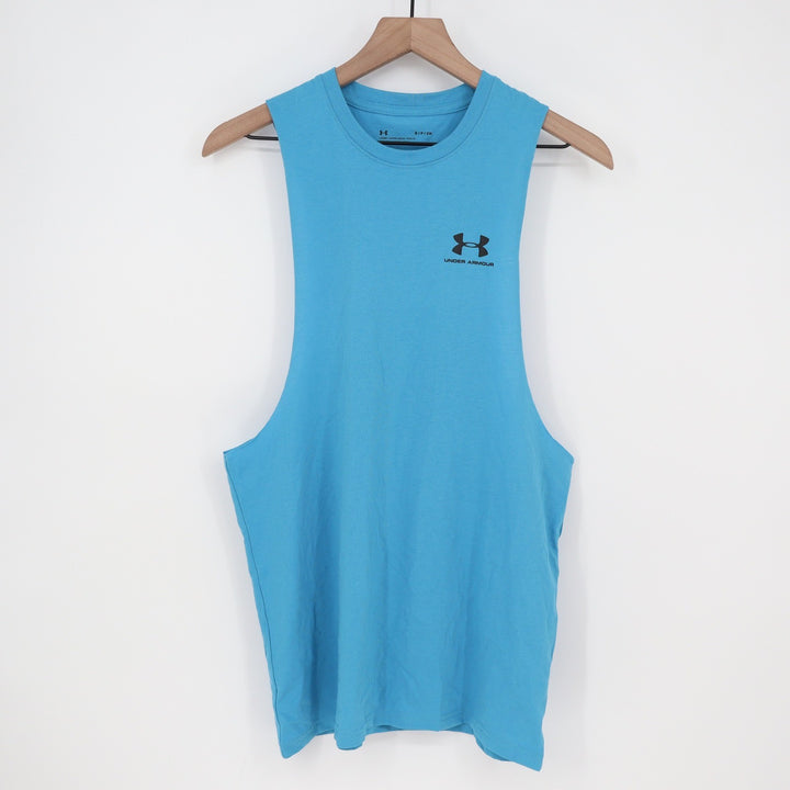 Under Armour Mens Left Chest Cut Off Tank Blue Loose Fit Muscle Shirt S