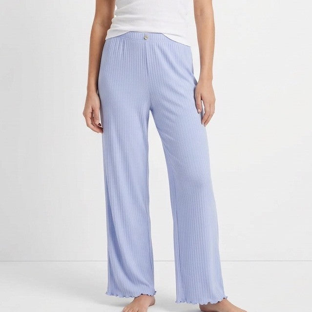 Roudelain Pajama Pants Womens Medium Blue Knit Ribbed Straight Leg Scallop Hem