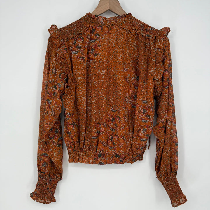 Elan Copper Paisley Print Long Sleeve Smocked Blouse Top S