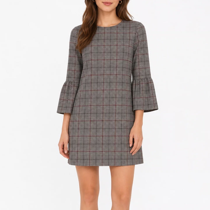 Zara Woman Plaid Glen Check Bell Sleeve Shift Mini Dress Black Red XS