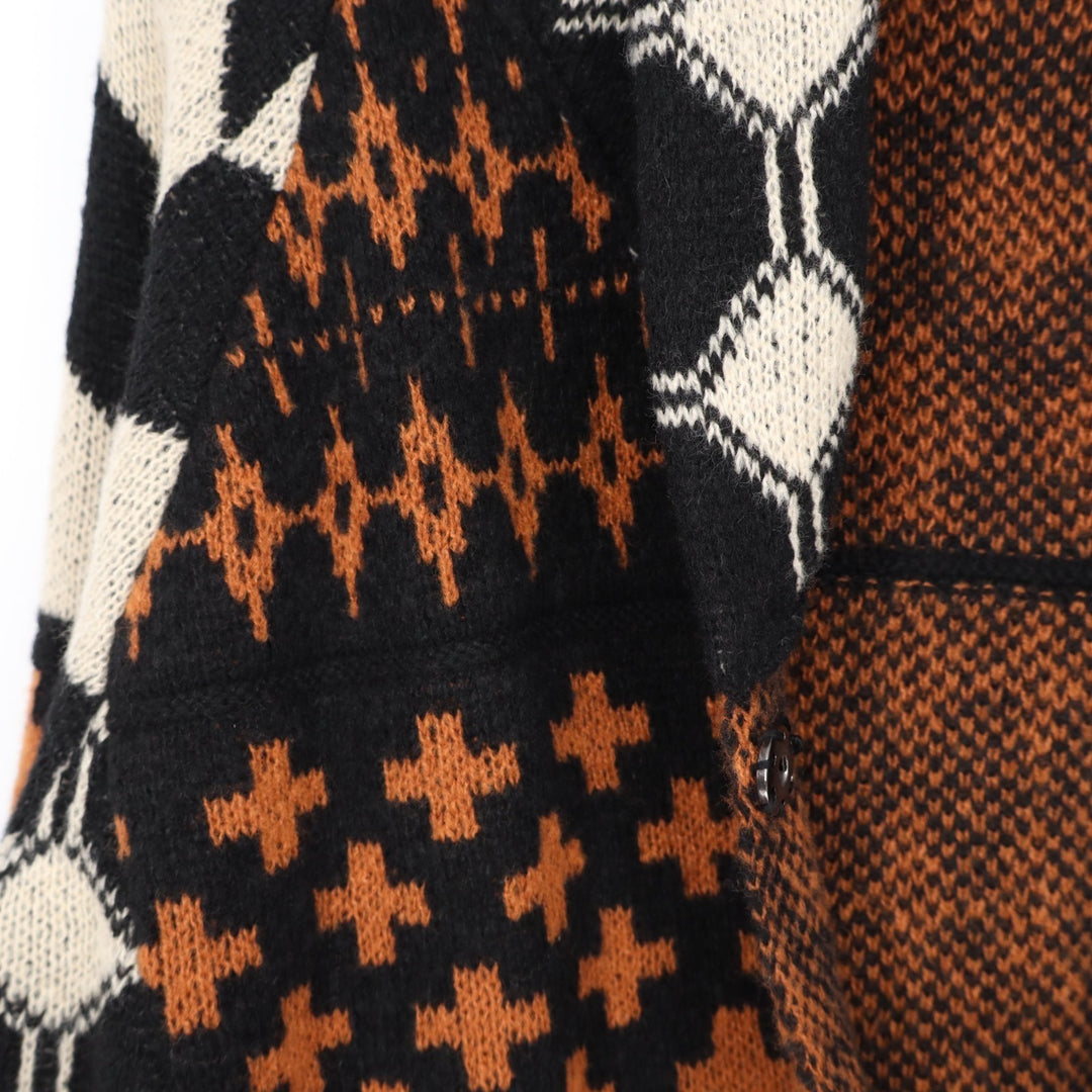 Cardigan Sweater Womens One Size Multi Geometric Knitted Shawl Collar Snap Front