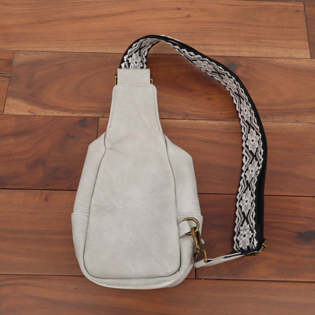 Light Gray Vegan Leather Sling Bag Woven Geometric Guitar Strap Crossbody
