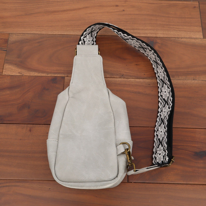 Light Gray Vegan Leather Sling Bag Woven Geometric Guitar Strap Crossbody