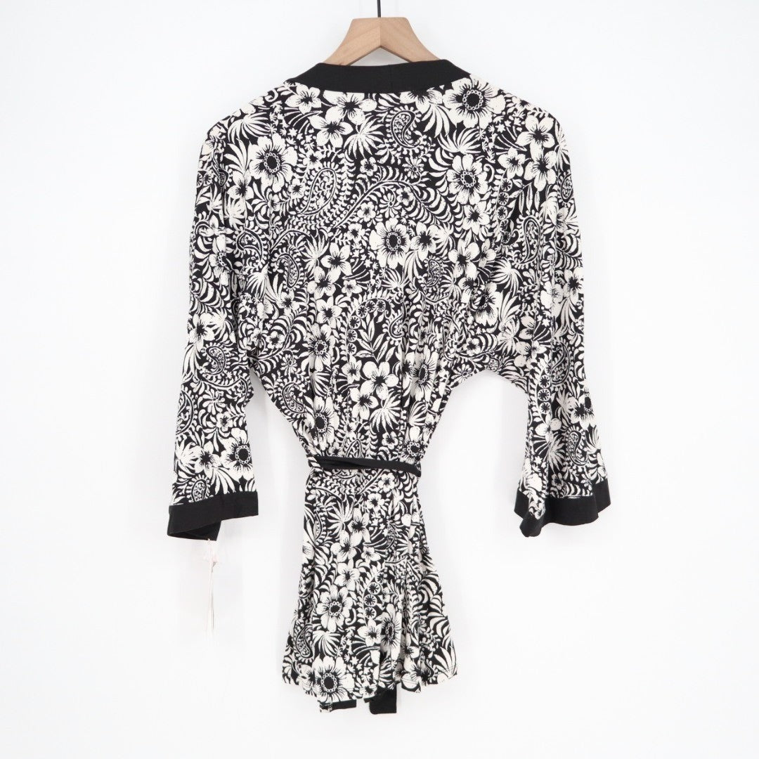 Linea Donatella Wrap Robe Lingerie Womens M Black Floral Long Sleeve Sleepwear