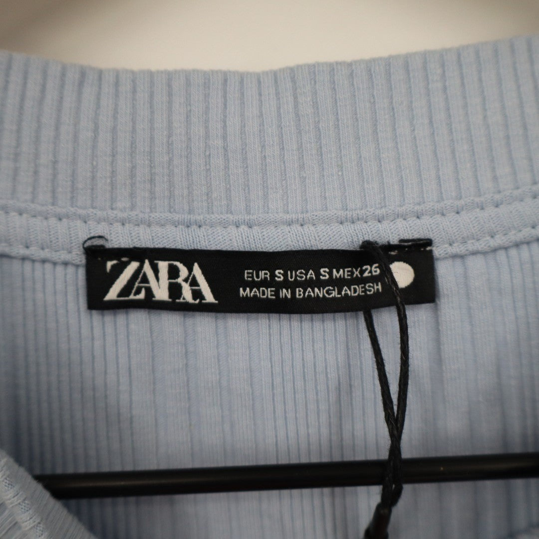 Zara Sweater Womens Small Light Blue Ribbed Knit Short Sleeve Crew Neck Pullover