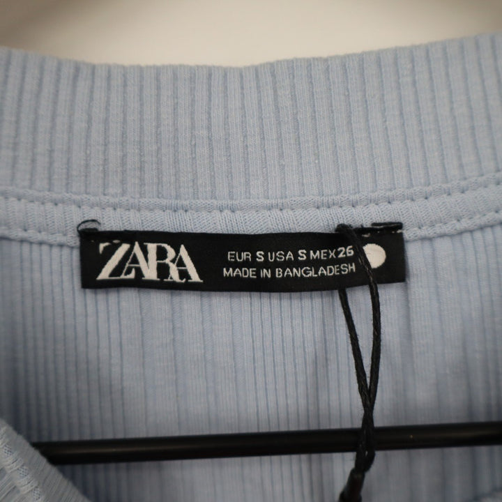 Zara Sweater Womens Small Light Blue Ribbed Knit Short Sleeve Crew Neck Pullover