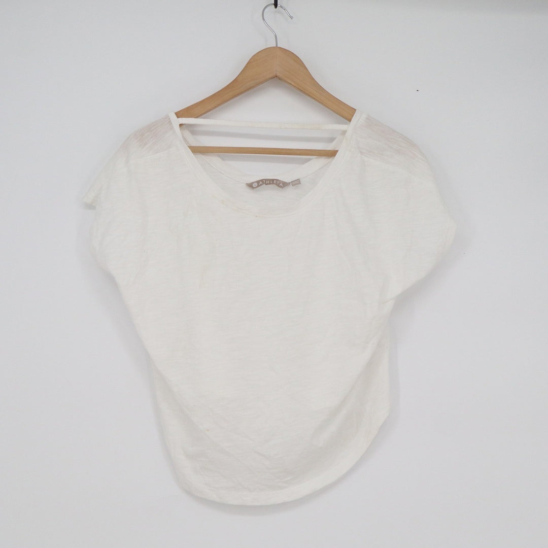 Athleta Womens XS White Slub Knit Strappy Back Short Sleeve Scoop Neck Top