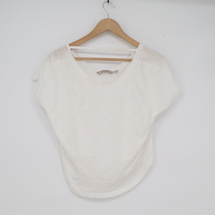 Athleta Womens XS White Slub Knit Strappy Back Short Sleeve Scoop Neck Top