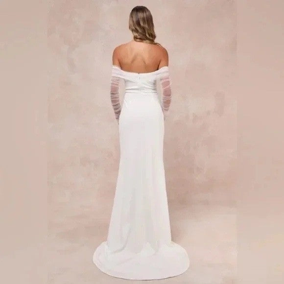 Lulus Beautifully Beloved White Mesh Off-The-Shoulder Maxi Dress Size XXS