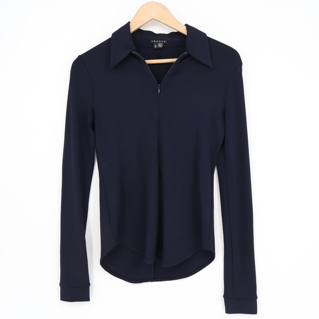 Theory Womens Navy Blue Quarter Zip Long Sleeve Polo Top Size P Petite