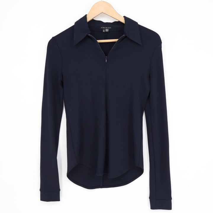 Theory Womens Navy Blue Quarter Zip Long Sleeve Polo Top Size P Petite