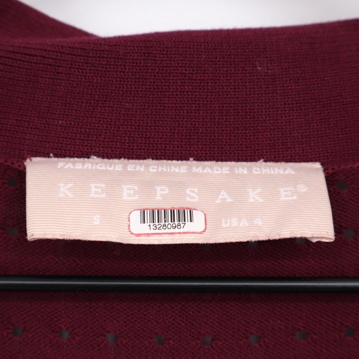 Keepsake Shirt Womens S Burgundy Laser Cut Perforated Tie Neck Puff Long Sleeves