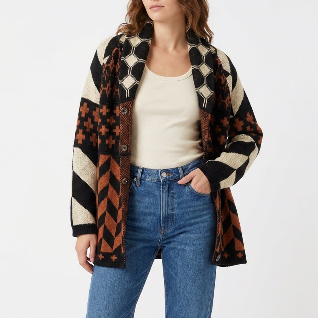 Cardigan Sweater Womens One Size Multi Geometric Knitted Shawl Collar Snap Front