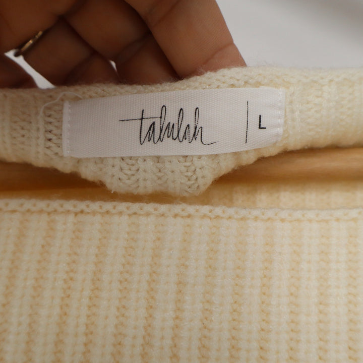 Talulah Womens Cream Ribbed Oversized Boat Neck Lantern Sleeve Sweater Large L