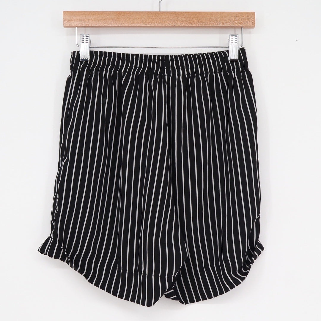 Romwe Womens Medium Black White Striped Elastic Waist Casual Shorts Tulip Hem