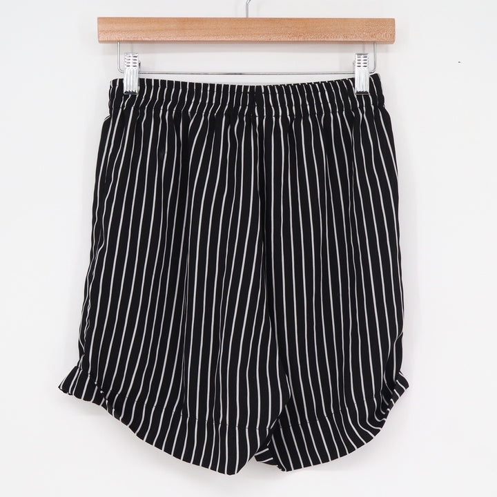 Romwe Womens Medium Black White Striped Elastic Waist Casual Shorts Tulip Hem