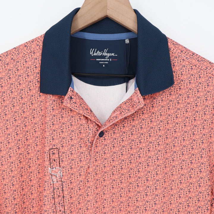 Walter Hagen Mens P11 Print Polo Bloody Mary Coral Pink Golf Shirt S