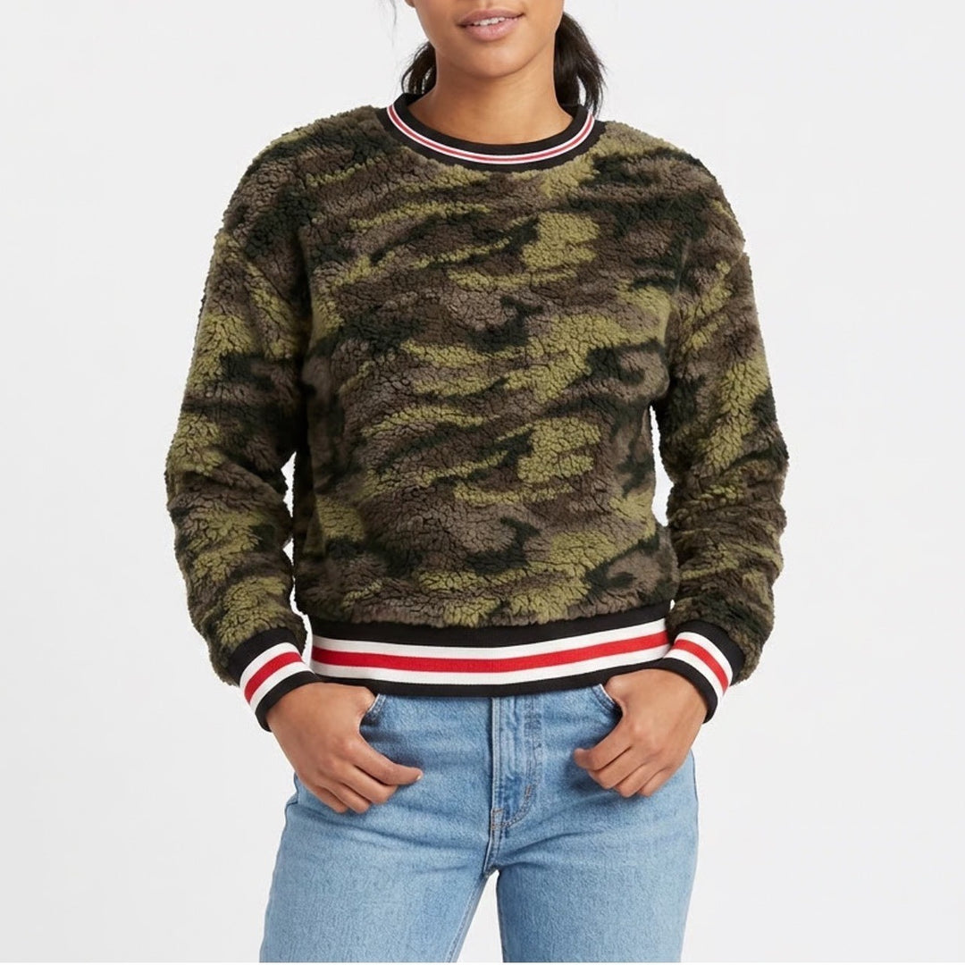 Derek Heart Camo Sherpa Fleece Pullover Sweater Green Brown Striped Trim Medium