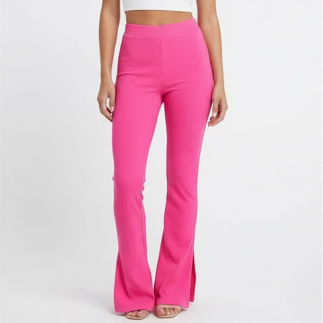 Naked Wardrobe Hot Pink Ribbed Knit Split Hem High Rise Pants Womens S