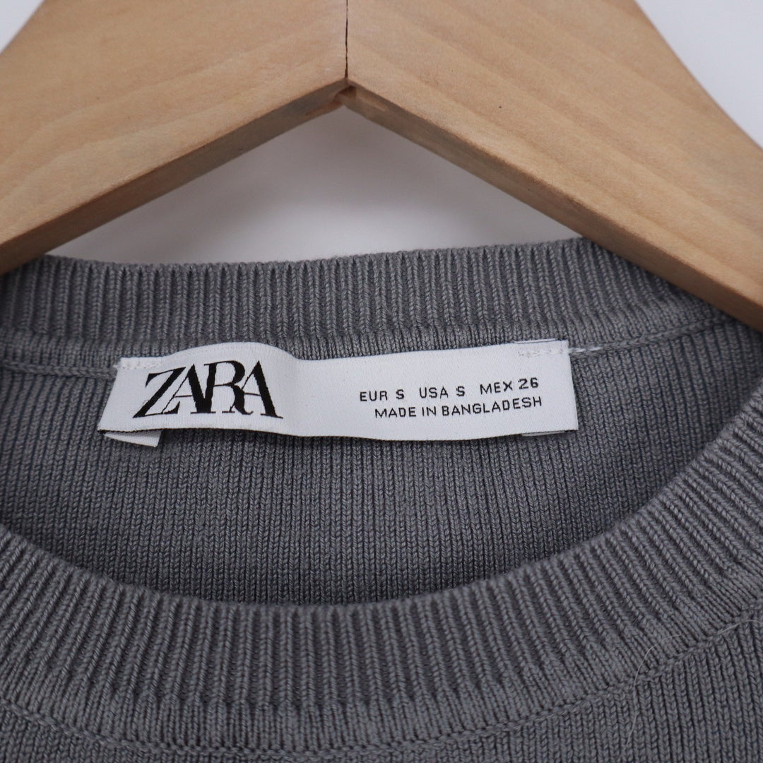 Zara Grey Ribbed Knit Long Sleeve Cropped Top Crew Neck Size S