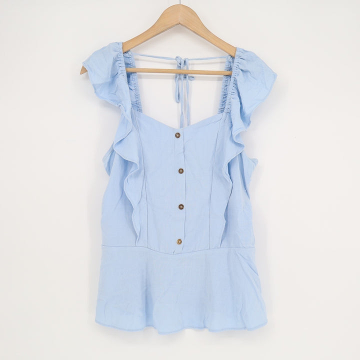 Moa Moa Tank Top Women's Large Light Blue Stretch Ruffle Sleeve Square Neck