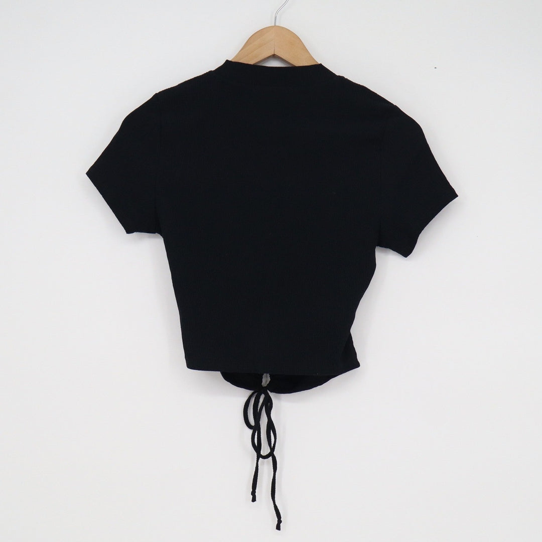 BCBGeneration Womens Black Ribbed Cutout Tie Front Short Sleeve Crop Top XS