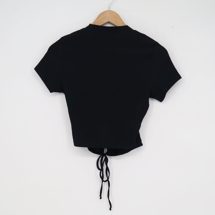 BCBGeneration Womens Black Ribbed Cutout Tie Front Short Sleeve Crop Top XS